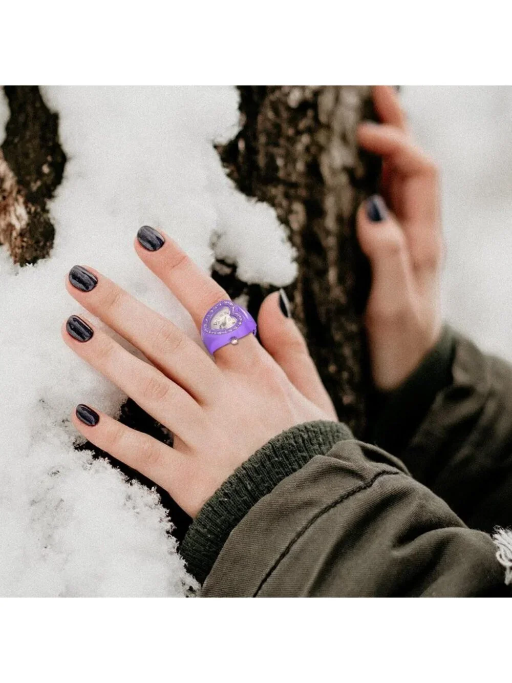 Unisex Purple Analog Quartz Easy Read Adjustable Modern Heart Finger Ring Watch
